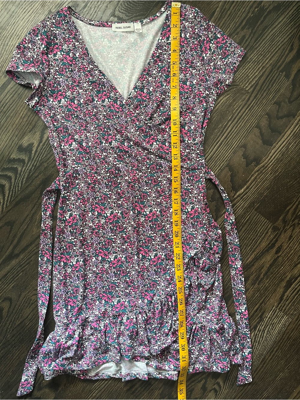 Rebel Sugar Pink & Purple Floral Faux Wrap Stretch Mini Dress Ruffle Hem Size S - Picture 5 of 8